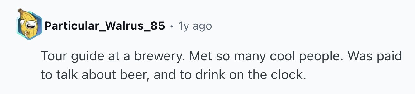 Particular_Walrus_85 . 1y ago Tour guide at a brewery. Met so many cool people. Was paid to talk about beer, and to drink on the clock.