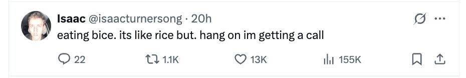 Isaac @isaacturnersong. 20h eating bice. its like rice but. hang on im getting a call 22 1.1K 13K del 155K 