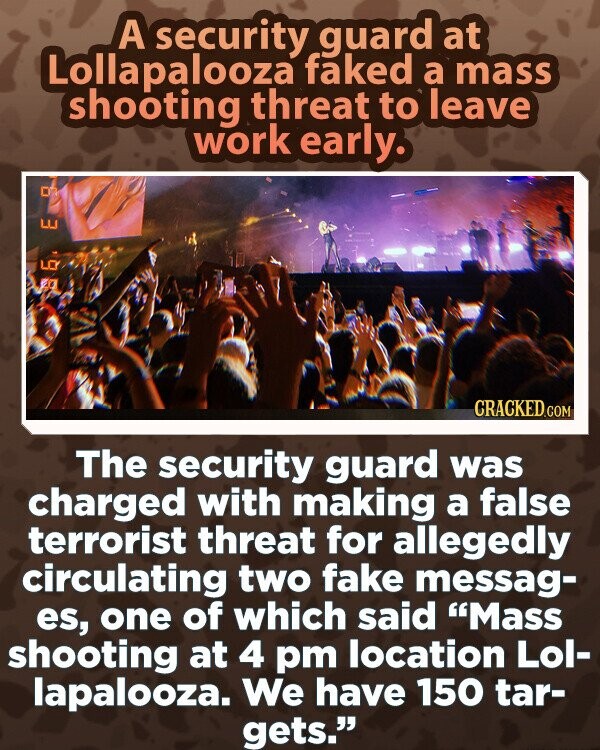 A security guard at Lollapalooza faked a mass shooting threat to leave work early. CRACKED.COM The security guard was charged with making a false terrorist threat for allegedly circulating two fake messag- es, one of which said Mass shooting at 4 pm location Lol- lapalooza. We have 150 tar- gets.