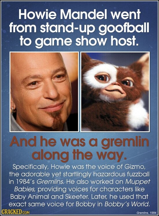 Howie Mandel went from stand-up goofball to game show host. And he was a gremlin along the way. Specifically, Howie was the voice of Gizmo, the adorable yet startlingly hazardous fuzzball in 1984's Gremlins. Не also worked on Muppet Babies, providing voices for characters like Baby Animal and Skeeter. Later, he used that exact same voice for Bobby in Bobby's World. CRACKED.COM Gremlins, 1984