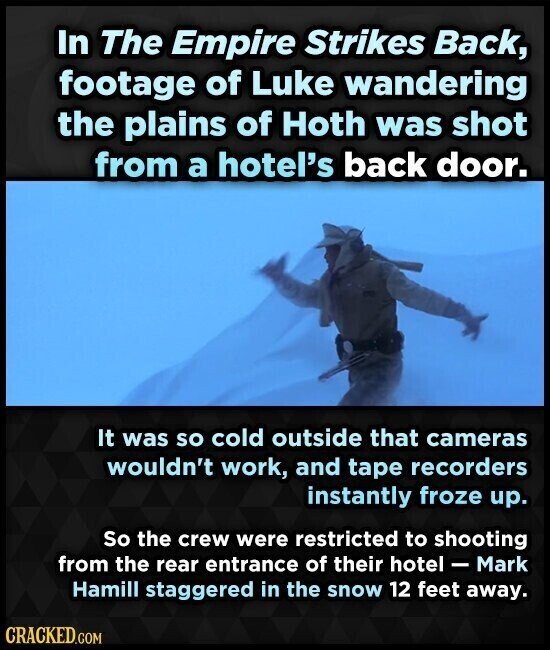In The Empire Strikes Back, footage of Luke wandering the plains of Hoth was shot from a hotel's back door. It was so cold outside that cameras wouldn't work, and tape recorders instantly froze up. So the crew were restricted to shooting from the rear entrance of their hotel - Mark Hamill staggered in the snow 12 feet away. CRACKED.COM
