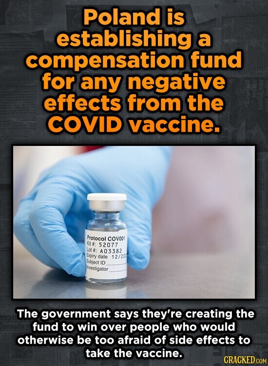 Poland is establishing a compensation fund for any negative effects from the COVID vaccine. Protocol COV001 Kit #: 52077 Lot #: Lot #: A03382 Expiry d