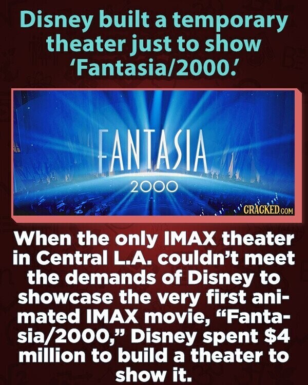 Disney built a temporary theater just to show 'Fantasia/2000.' FANTASIA 2000 CRACKED.COM When the only IMAX theater in Central L.A. couldn't meet the demands of Disney to showcase the very first ani- mated IMAX movie, Fanta- sia/2000, Disney spent $4 million to build a theater to show it.