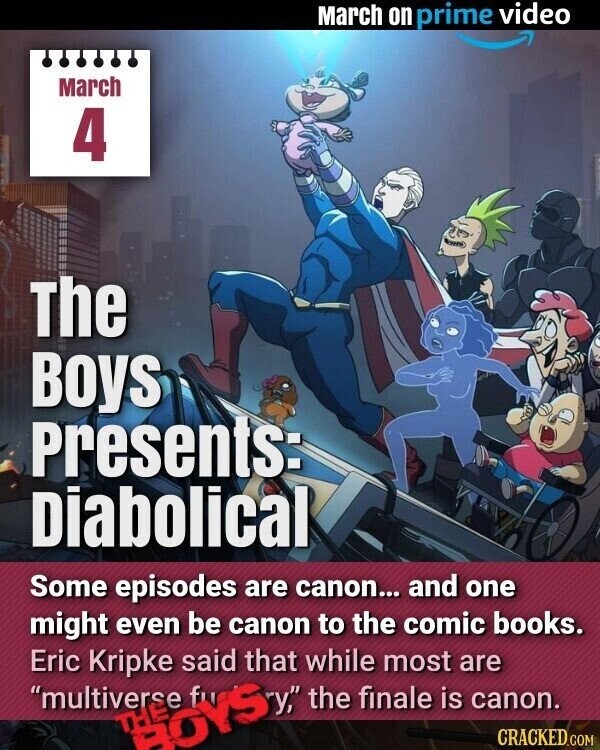 March on prime video March 4 The Boys Presents: Diabolical Some episodes are canon... and one might even be canon to the comic books. Eric Kripke said that while most are multiverse THE BOYS fu y, the finale is canon. CRACKED.COM