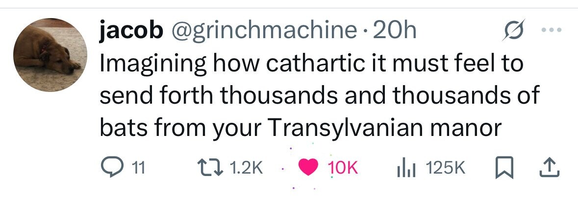 jacob @grinchmachine . 20h Imagining how cathartic it must feel to send forth thousands and thousands of bats from your Transylvanian manor 11 1.2K 10K 125K 