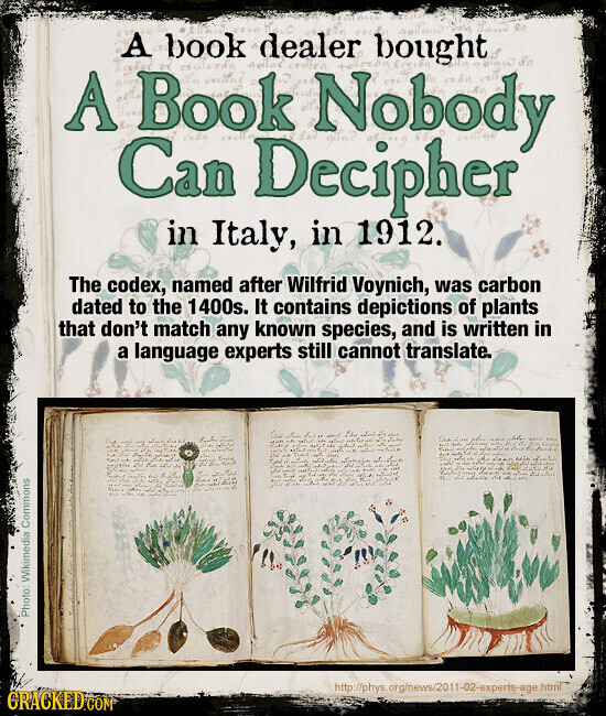A book culleeds dealer bought A or uncilled solor crilled Nobody 8ad do Book Can Decipher in Italy, in 1912. The codex, named after Wilfrid Voynich, was carbon dated to the 1400s. It contains depictions of plants that don't match any known species, and is written in a language experts still cannot translate. - Photo Wikimedia Commons http://phys.org/news/2011-02-experts-age:htmi/ GRACKED.COM