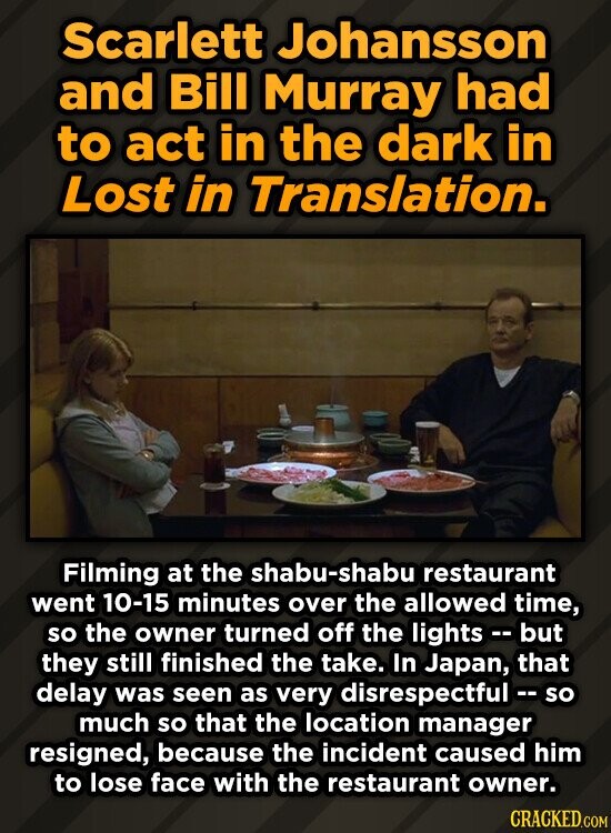 Scarlett Johansson and Bill Murray had to act in the dark in Lost in Translation. Filming at the shabu-shabu restaurant went 10-15 minutes over the allowed time, so the owner turned off the lights - - but they still finished the take. In Japan, that delay was seen as very disrespectful-so much so that the location manager resigned, because the incident caused him to lose face with the restaurant owner. CRACKED.COM