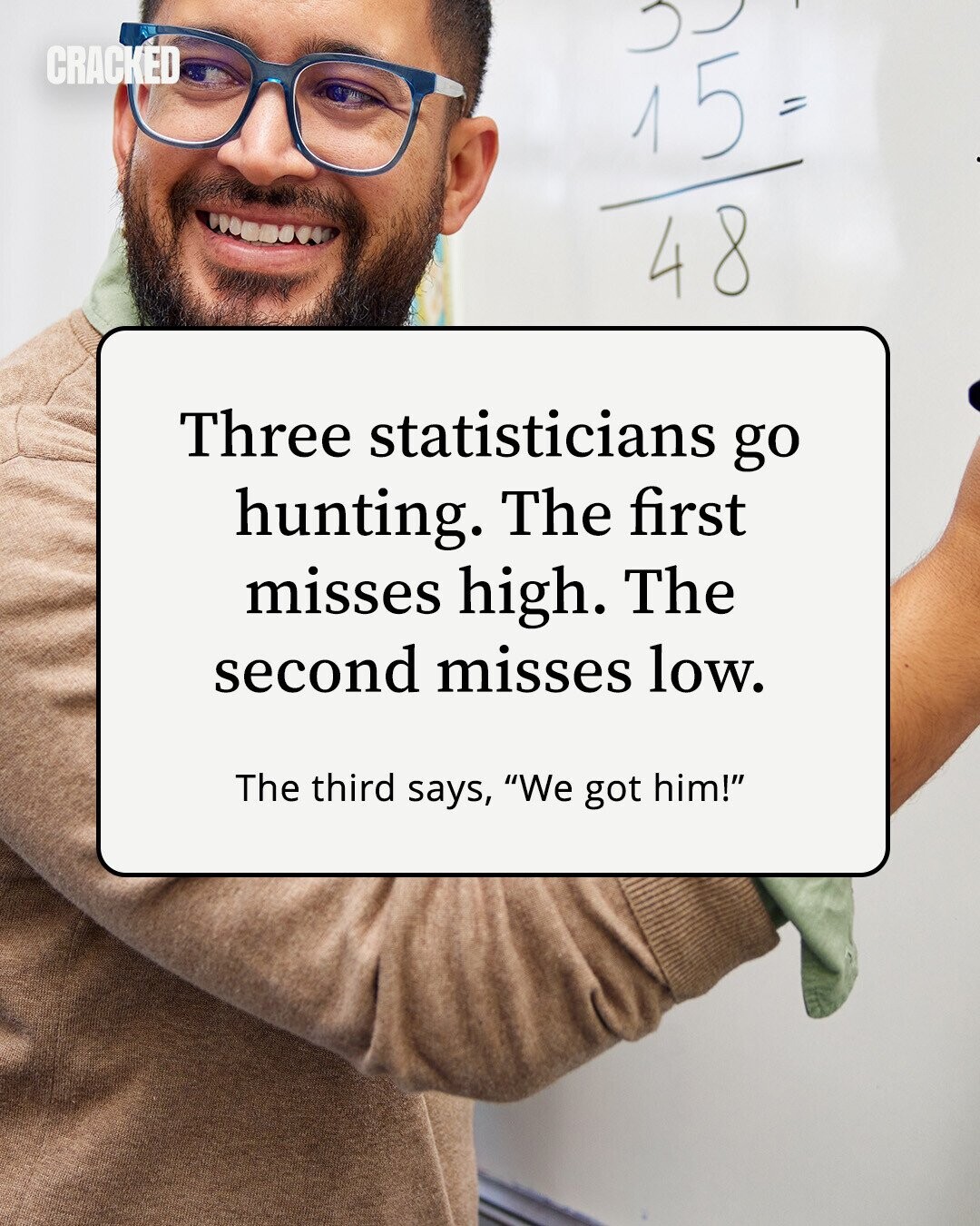 CRACKED 15 = 48 Three statisticians go hunting. The first misses high. The second misses low. The third says, We got him! 