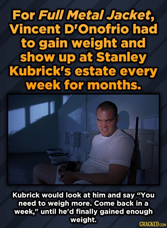 For Full Metal Jacket, Vincent D'Onofrio had to gain weight and show up at Stanley Kubrick's estate every week for months. Kubrick would look at him and say You need to weigh more. Come back in a week, until he'd finally gained enough weight. CRACKED.COM