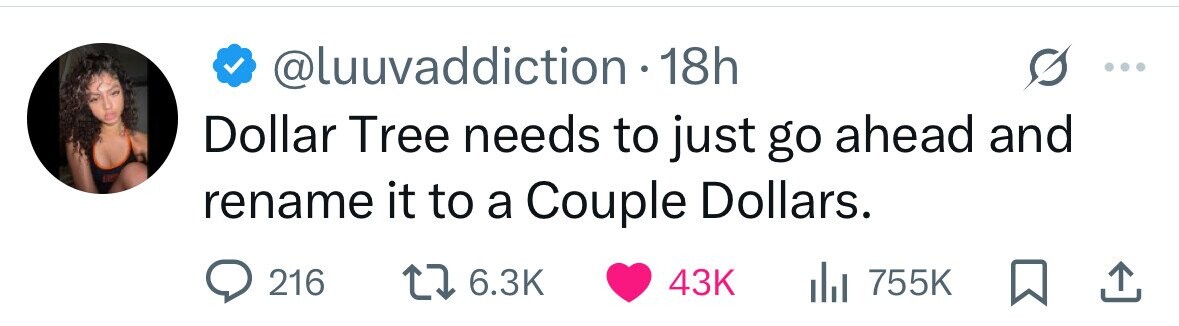 @luuvaddiction - 1 18h Dollar Tree needs to just go ahead and rename it to a Couple Dollars. 216 6.3K 43K del 755K 