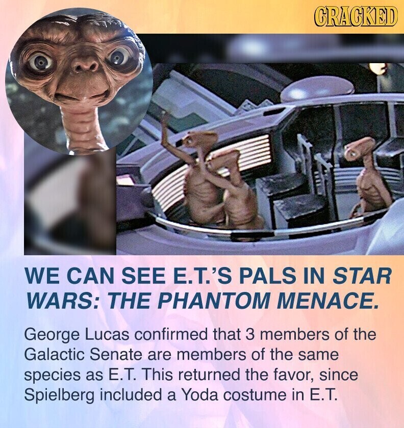 GRACKED WE CAN SEE E.T.'S PALS IN STAR WARS: THE PHANTOM MENACE. George Lucas confirmed that 3 members of the Galactic Senate are members of the same species as Е.Т. This returned the favor, since Spielberg included a Yoda costume in Е.Т.
