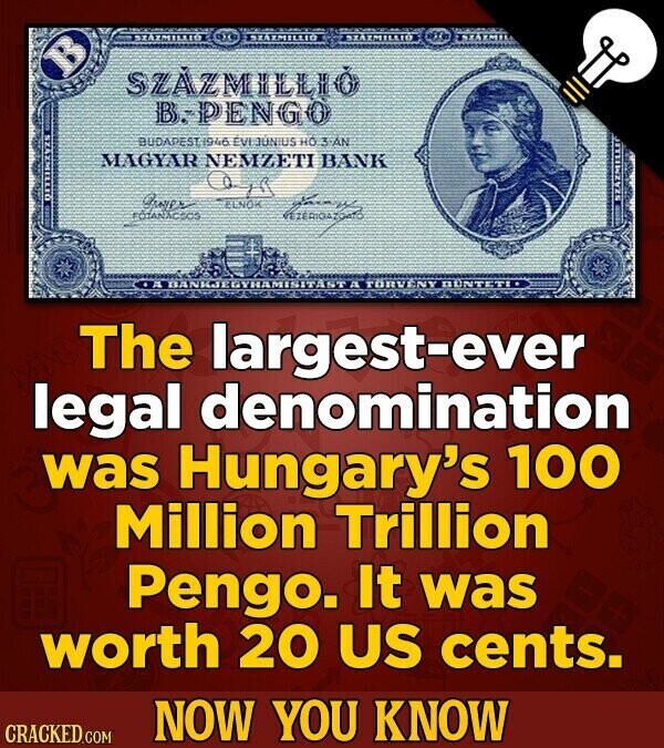 SZAZMILLIO SEAZMILLIO SZAZMILLIO SZÀZMILLIÓ B:-PENGO BUDAPEST. 3946 EVI JUNIUS HO 3 AN MAGYAR NEMZETI BANK DITEIRZYZS Gayer ELNOK SEAZMILLED FOTANACSOS IA BANKJEGYHAMISITAST д TORVENY DONTETI The largest-ever legal denomination was Hungary's 100 Million Trillion Pengo. It was worth 20 US cents. NOW YOU KNOW CRACKED.COM