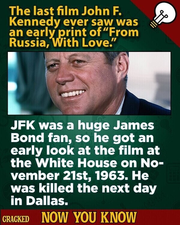 The last film John F. Kennedy ever saw was an early print of From Russia, With Love. JFK was a huge James Bond fan, so he got an early look at the film at the White House on No- vember 21st, 1963. Не was killed the next day in Dallas. CRACKED NOW YOU KNOW