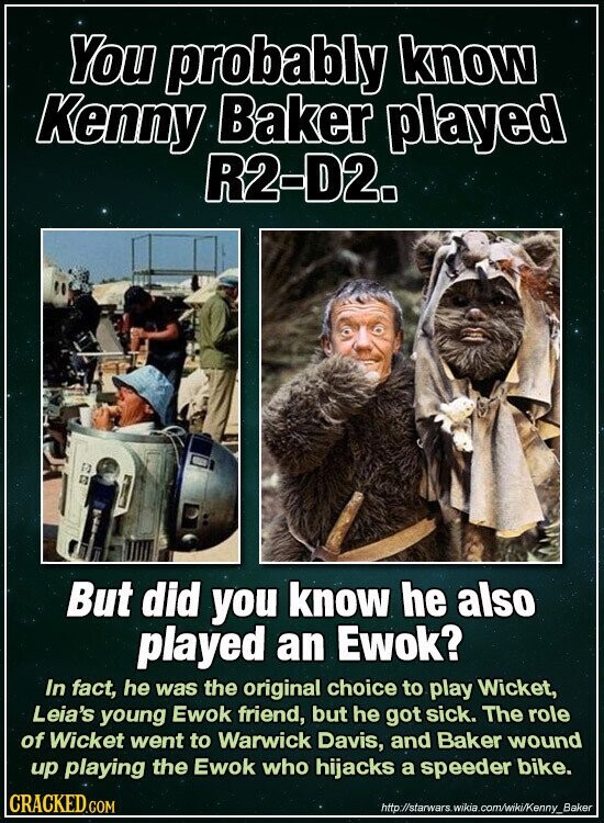 You probably know Kenny Baker played R2-D2. But did you know he also played an Ewok? In fact, he was the original choice to play Wicket, Leia's young Ewok friend, but he got sick. The role of Wicket went to Warwick Davis, and Baker wound up playing the Ewok who hijacks a speeder bike. CRACKED.COM http://starwars.wikia.com/wiki/Kenny_Baker