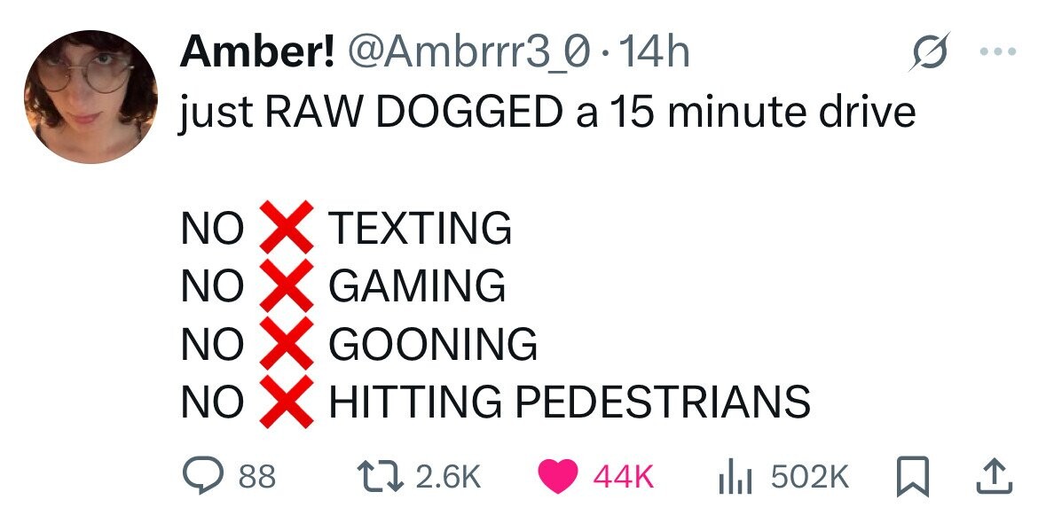 Amber! @Ambrrr3_0.1 14h just RAW DOGGED a 15 minute drive NO TEXTING NO GAMING NO GOONING NO HITTING PEDESTRIANS XXXX 88 2.6K 44K del 502K 
