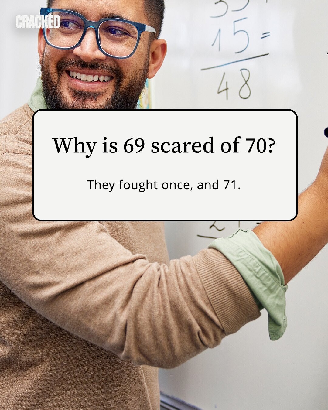 CRACKED 15 = 48 Why is 69 scared of 70? They fought once, and 71. 