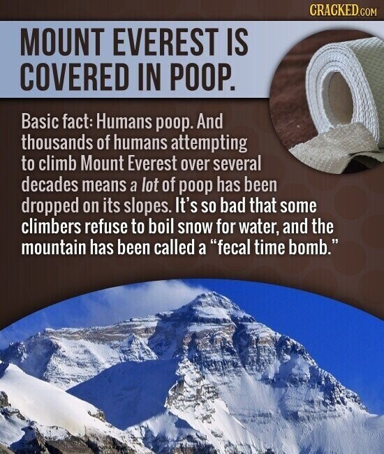 CRACKED.COM MOUNT EVEREST IS COVERED IN POOP. Basic fact: Humans poop. And thousands of humans attempting to climb Mount Everest over several decades means a lot of poop has been dropped on its slopes. It's so bad that some climbers refuse to boil snow for water, and the mountain has been called a fecal time bomb.