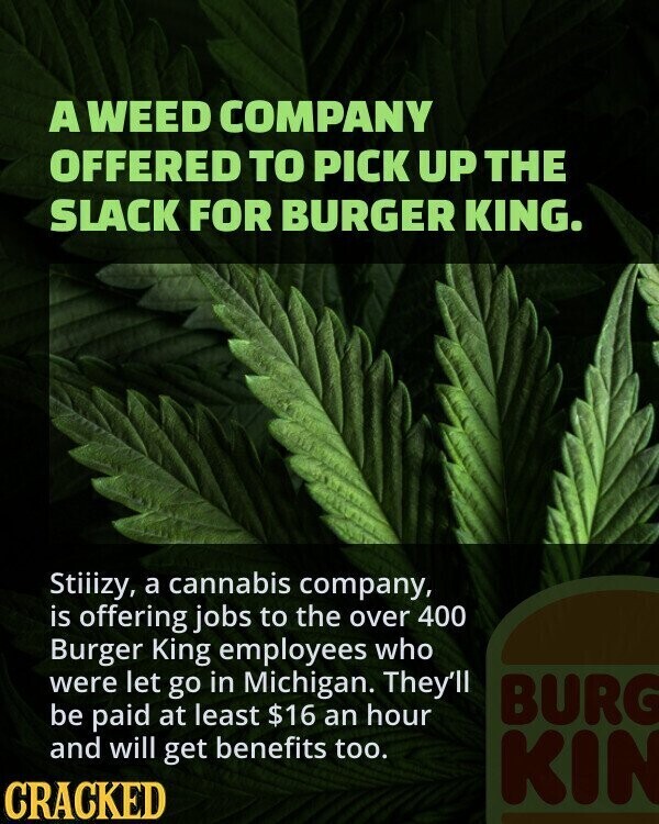 A WEED COMPANY OFFERED TO PICK UP THE SLACK FOR BURGER KING. Stiiizy, a cannabis company, is offering jobs to the over 400 Burger King employees who were let go in Michigan. They'll BURG be paid at least $16 an hour and will get benefits too. KIN CRACKED