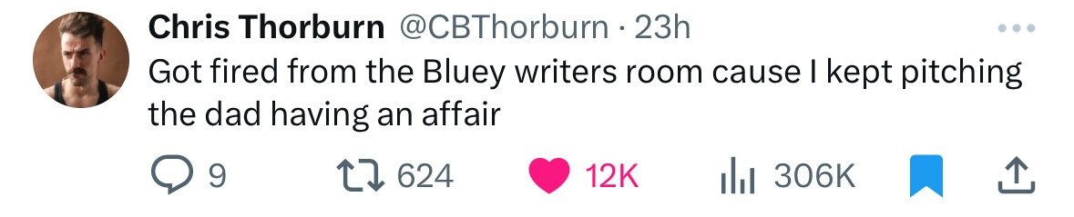 Chris Thorburn @CBThorburn 23h Got fired from the Bluey writers room cause I kept pitching the dad having an affair 9 624 12K 306K 