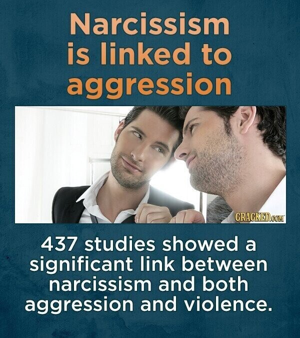 Narcissism is linked to aggression CRACKED.COM 437 studies showed a significant link between narcissism and both aggression and violence.