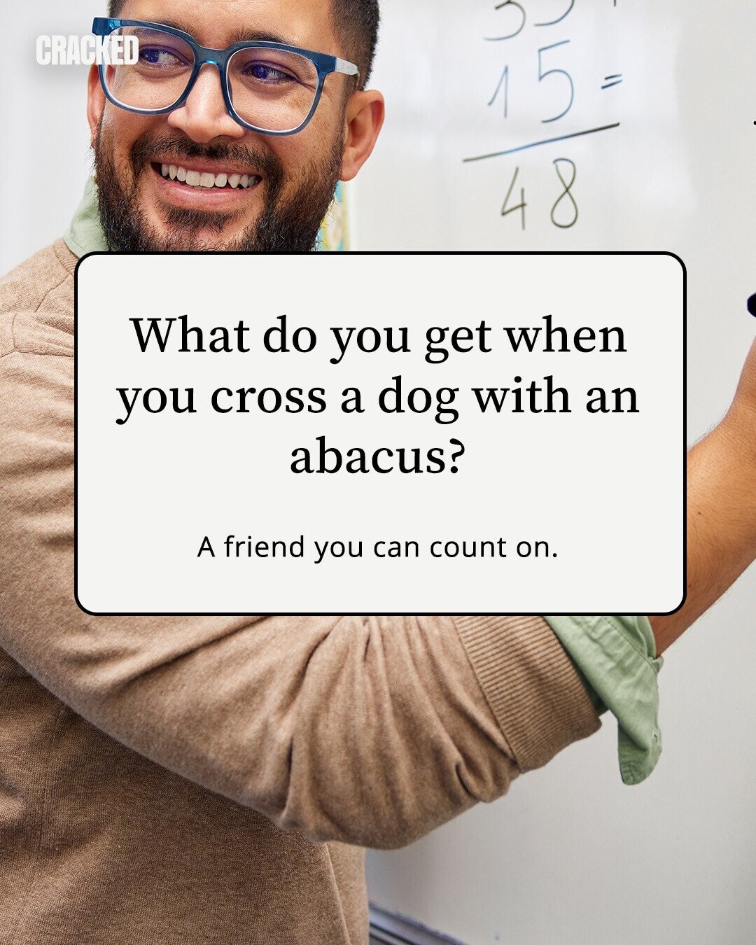 CRACKED 15 = 48 What do you get when you cross a dog with an abacus? A friend you can count on. 