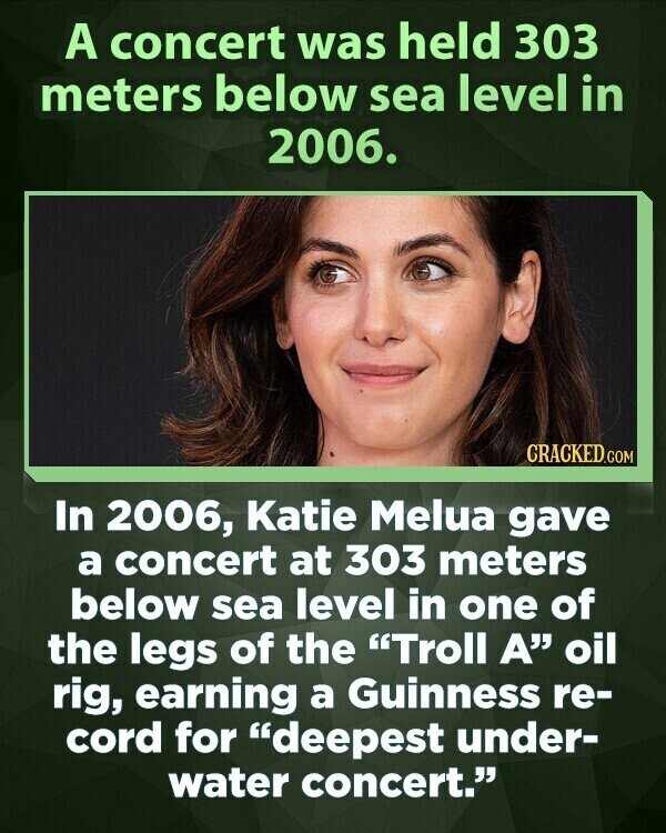 A concert was held 303 meters below sea level in 2006. CRACKED.COM In 2006, Katie Melua gave a concert at 303 meters below sea level in one of the legs of the Troll A oil rig, earning a Guinness re- cord for deepest under- water concert.
