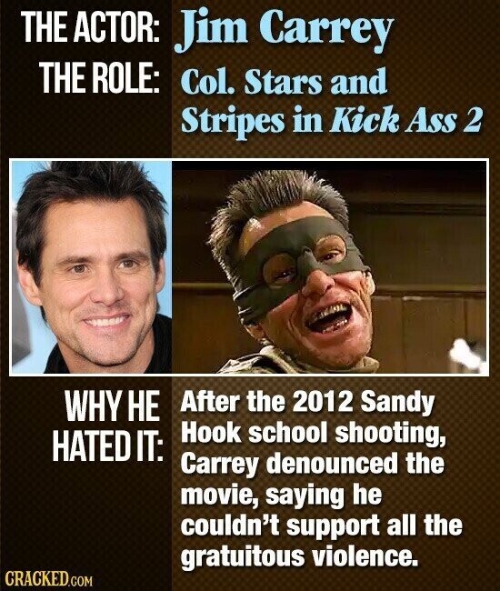 THE ACTOR: Jim Carrey THE ROLE: Col. Stars and Stripes in Kick Ass 2 After the 2012 Sandy WHY НЕ Hook school shooting, HATED IT: Carrey denounced the movie, saying he couldn't support all the gratuitous violence. CRACKED.COM