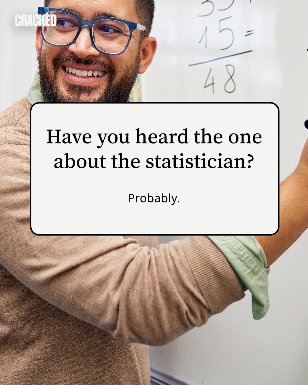 CRACKED 15 = 48 Have you heard the one about the statistician? Probably. 