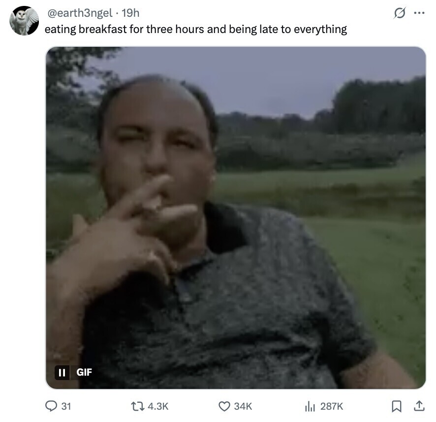 s ... @earth3ngel 19h eating breakfast for three hours and being late to everything GIF 31 4.3K 34K 287K 