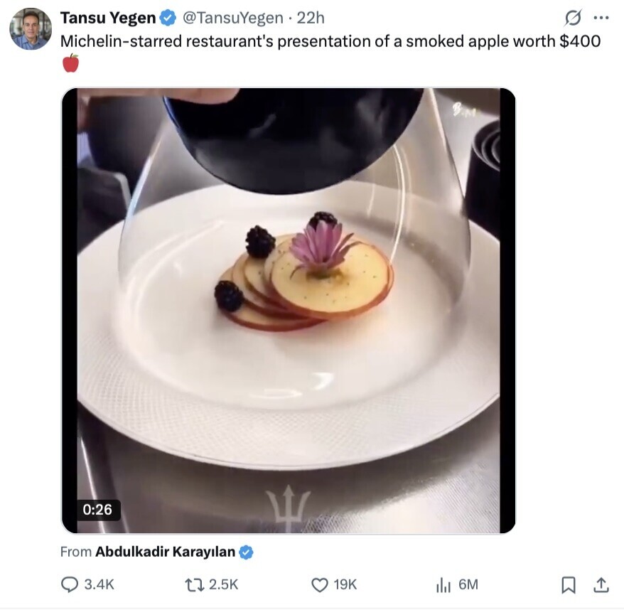 Tansu Yegen G ... @TansuYegen 22h Michelin-starred restaurant's presentation of a smoked apple worth $400 B&M 0:26 From Abdulkadir Karayilan 3.4K 2.5K 19K del 6M 