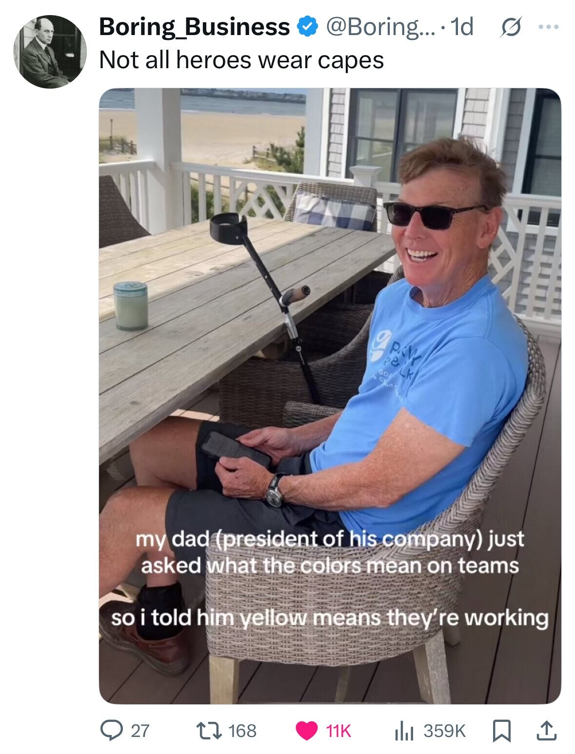 Boring_Business @Boring.... 1d s ... Not all heroes wear capes P&M & LK my dad (president of his company) just asked what the colors mean on teams so i told him yellow means they're working 27 168 11K 359K 