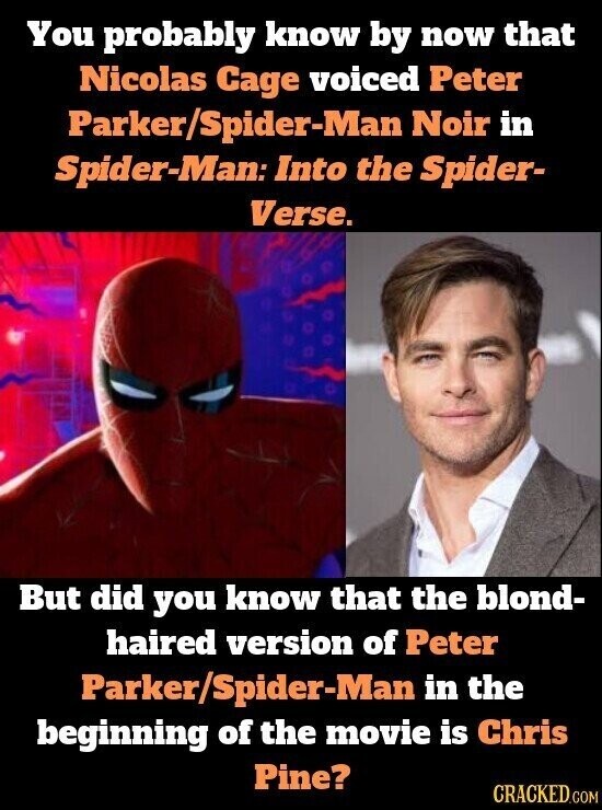 You probably know by now that Nicolas Cage voiced Peter Parker/Spider-Man Noir in Spider-Man: Into the Spider- Verse. But did you know that the blond- haired version of Peter Parker/Spider-Man in the beginning of the movie is Chris Pine? CRACKED.COM