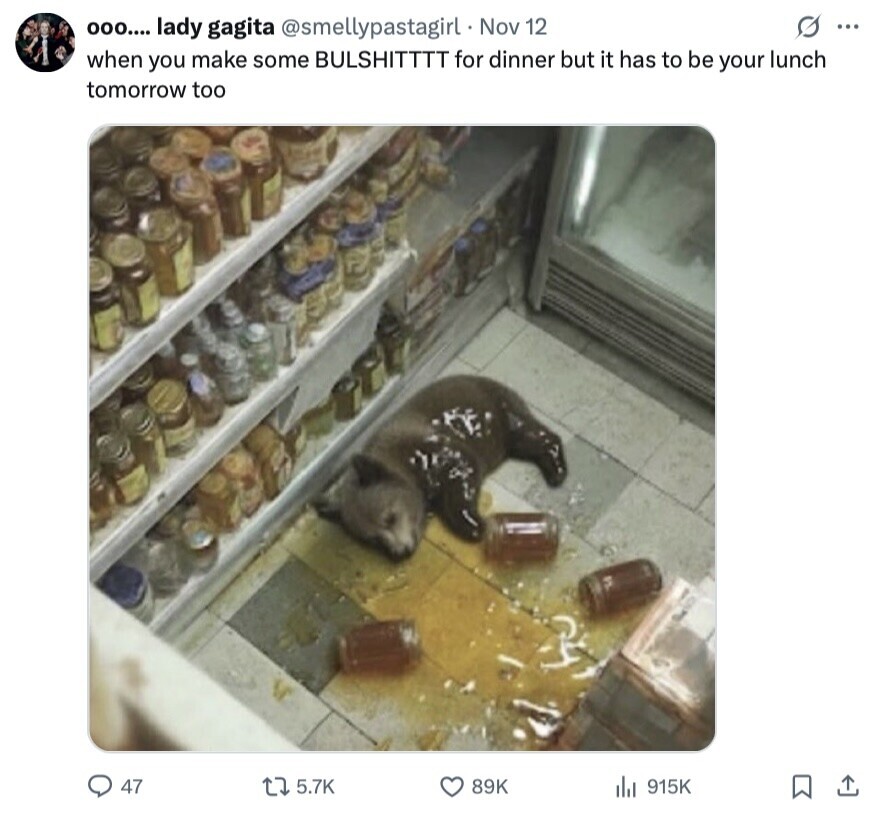 s ... 000.... lady gagita @smellypastagirl Nov 12 when you make some BULSHITTTT for dinner but it has to be your lunch tomorrow too 47 5.7K 89K 915K 