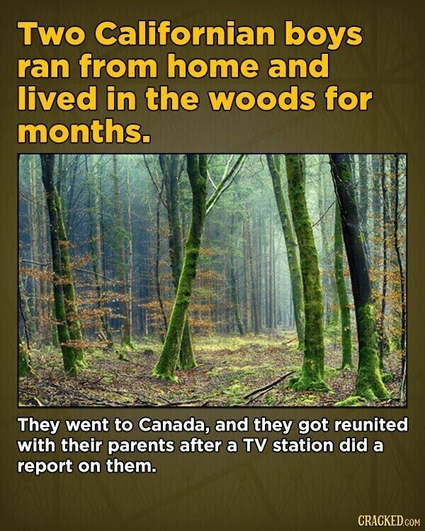 Two Californian boys ran from home and lived in the woods for months. They went to Canada, and they got reunited with their parents after a TV station did a report on them. CRACKED.COM