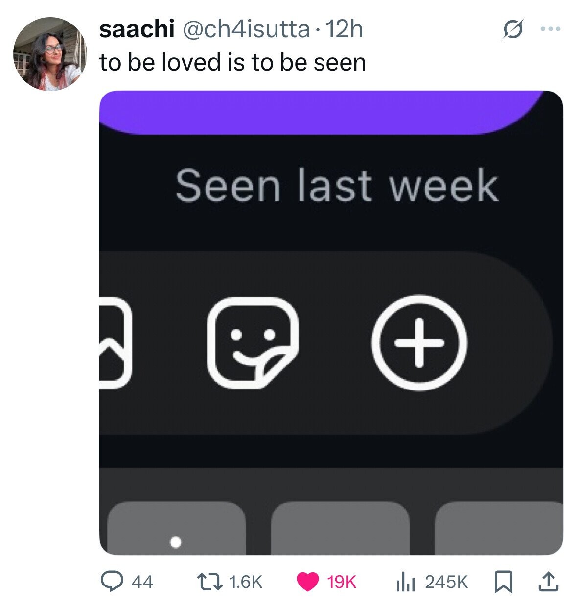 saachi @ch4isutta.12h S ... to be loved is to be seen Seen last week + 1.6K 44 19K 245K 
