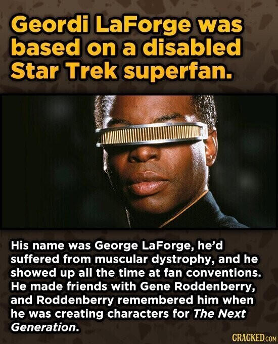 Geordi LaForge was based on a disabled Star Trek superfan. His name was George LaForge, he'd suffered from muscular dystrophy, and he showed up all the time at fan conventions. Не made friends with Gene Roddenberry, and Roddenberry remembered him when he was creating characters for The Next Generation. CRACKED.COM