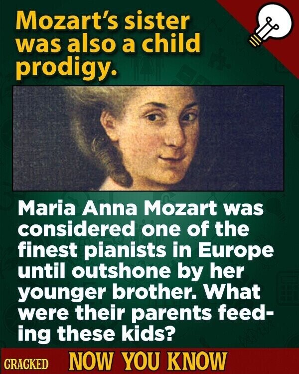 Mozart's sister was also a child prodigy. Maria Anna Mozart was considered one of the finest pianists in Europe until outshone by her younger brother. What were their parents feed- ing these kids? CRACKED NOW YOU KNOW