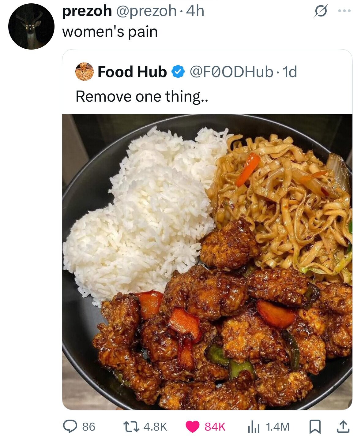 prezoh @prezoh.4 4h S ... women's pain Food Hub @F00DHub. 1d Remove one thing.. 86 4.8K 84K 1.4M 