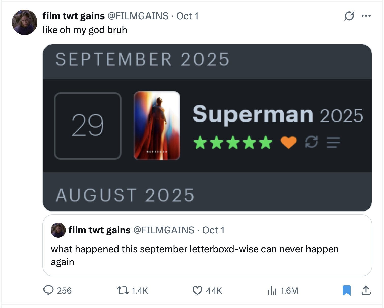 film twt gains @FILMGAINS Oct 1 S ... like oh my god bruh SEPTEMBER 2025 Superman 2025 29 RUPEPMON AUGUST 2025 film twt gains @FILMGAINS Oct 1 what happened this september letterboxd-wise can never happen again 256 1.4K 44K 1.6M 
