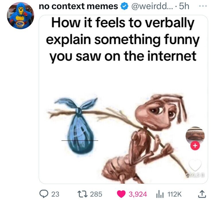 no context memes @weirdd... 5h ... How it feels to verbally explain something funny you saw on the internet + 53055 23 285 3,924 112K