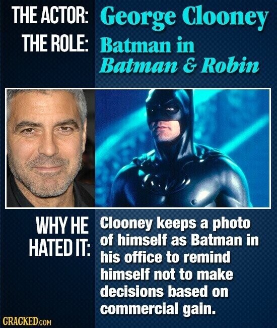 THE ACTOR: George Clooney THE ROLE: Batman in Batman & Robin WHY НЕ Clooney keeps a photo of himself as Batman in HATED IT: his office to remind himself not to make decisions based on commercial gain. CRACKED.COM