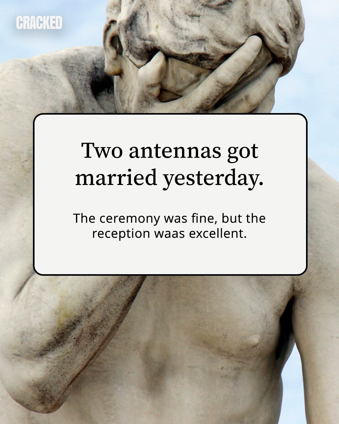 CRACKED Two antennas got married yesterday. The ceremony was fine, but the reception waas excellent. 