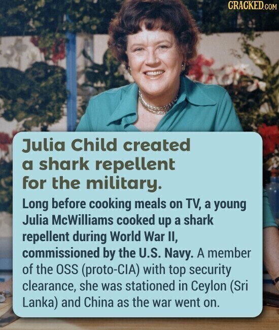 CRACKED.COM Julia Child created a shark repellent for the military. Long before cooking meals on TV, a young Julia McWilliams cooked up a shark repellent during World War II, commissioned by the U.S. Navy. A member of the OSS (proto-CIA) with top security clearance, she was stationed in Ceylon (Sri Lanka) and China as the war went on.