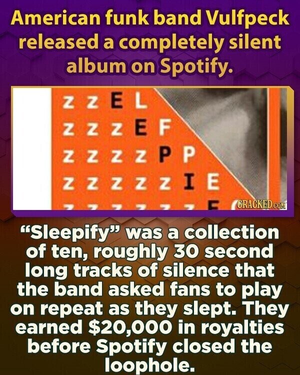 American funk band Vulfpeck released a completely silent album on Spotify. ZZEL ZZZEF ZZZZPP ZZZZZIE CRACKED CON C 7 7777 Sleepify was a collection of ten, roughly 30 second long tracks of silence that the band asked fans to play on repeat as they slept. They earned $20,000 in royalties before Spotify closed the loophole.
