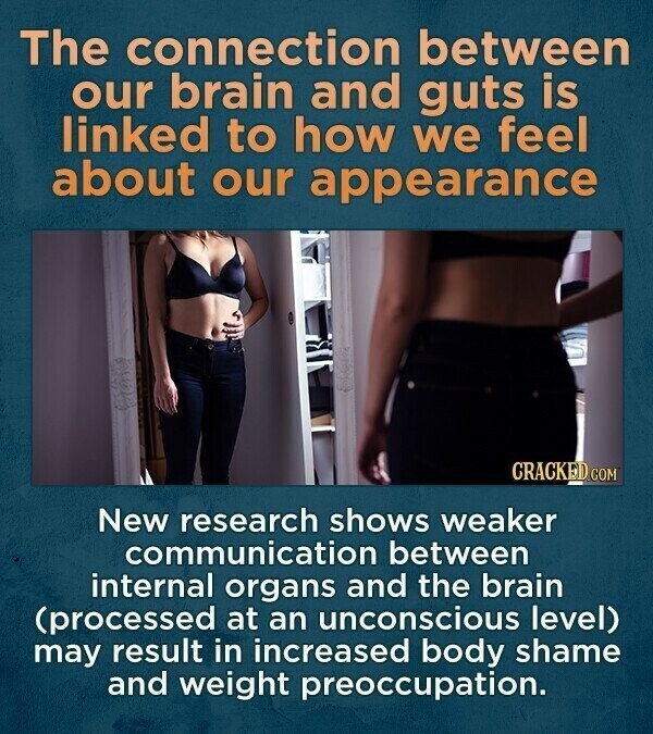 The connection between our brain and guts is linked to how we feel about our appearance CRACKED.COM New research shows weaker communication between internal organs and the brain (processed at an unconscious level) may result in increased body shame and weight preoccupation.