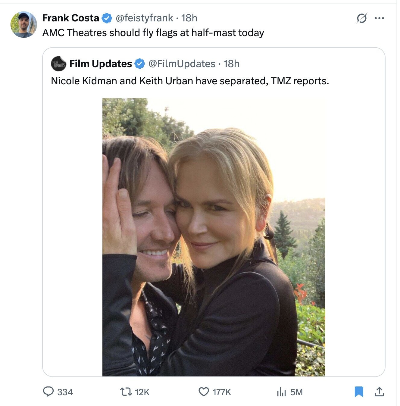 Frank Costa @feistyfrank 18h O ... AMC Theatres should fly flags at half-mast today UPDATES Film Updates @FilmUpdates.18h Nicole Kidman and Keith Urban have separated, TMZ reports. 334 12K 177K 5M 
