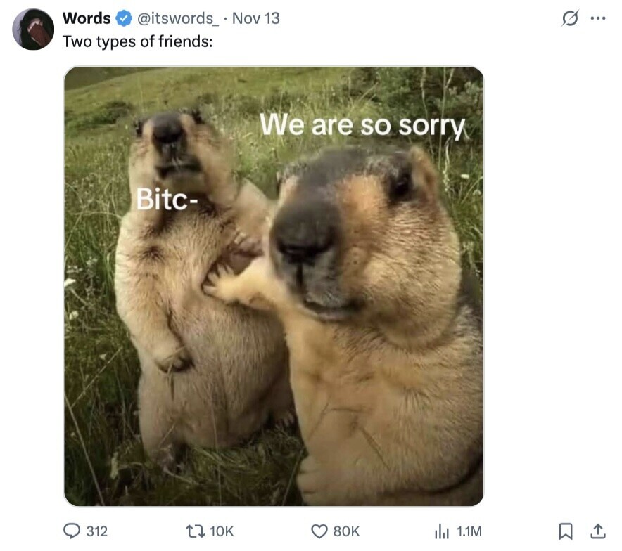 Words @itswords_ Nov 13 s ... Two types of friends: We are so sorry Bitc- 312 10K 80K del 1.1M 