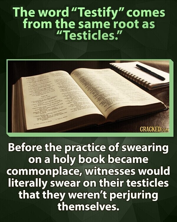 The word Testify comes from the same root as Testicles. CRACKED COM Before the practice of swearing on a holy book became commonplace, witnesses would literally swear on their testicles that they weren't perjuring themselves.