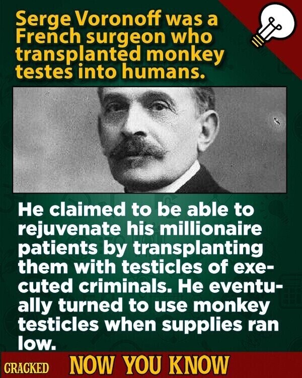 Serge Voronoff was a French surgeon who transplanted monkey testes into humans. Не claimed to be able to rejuvenate his millionaire patients by transplanting them with testicles of exe- cuted criminals. Не eventu- ally turned to use monkey testicles when supplies ran low. CRACKED NOW YOU KNOW
