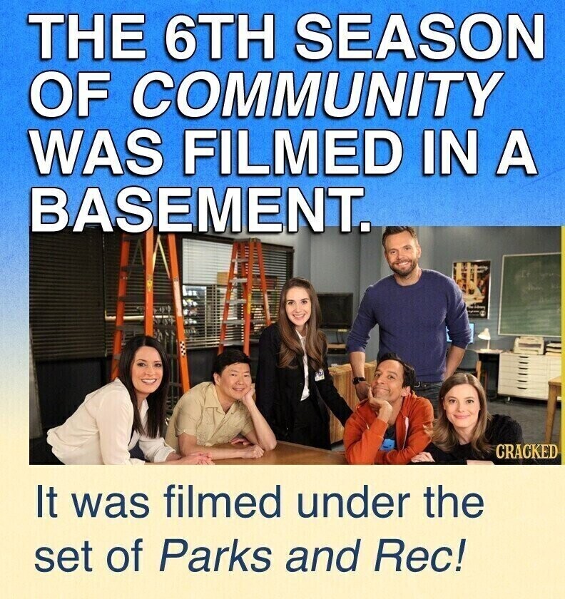 THE 6TH SEASON OF COMMUNITY WAS FILMED IN A BASEMENT. CRACKED It was filmed under the set of Parks and Rec!